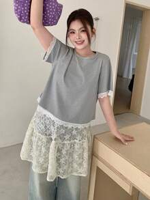 Dazy Plus 大码蕾丝透视星形图案百搭A字裙 夏季 - 米色 - 查看 3