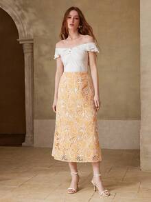 MOTF PREMIUM 女士优雅刺绣半身裙，适合约会、春夏穿着 - 黃色 - 查看 5