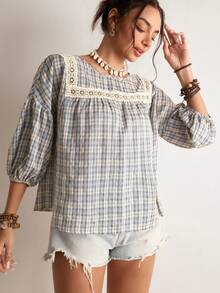 Freevana Women's Casual Loose Lace Patchwork Round Neck Blouse