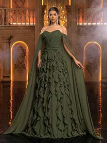 Glamrae Vestido de gasa con hombros descubiertos y volantes en el bajo, elegante y romántico, adecuado para festivales, bodas, galas, conciertos, eventos de negocios y ocasiones de influencers en redes sociales - Verde - Ver 1