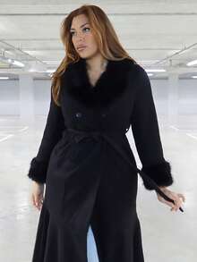 MelDlgn Plus Size Solid Color Mermaid Overcoat, Autumn/Winter - Black - View 5