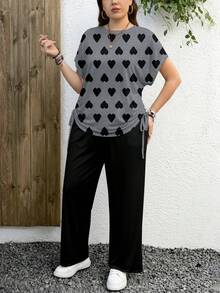 SHEIN LUNE Bộ 2 món dành cho nữ cỡ lớn, kiểu dáng thường ngày, in hình trái tim, phù hợp cho mọi mùa, kỳ nghỉ hè, ngày Valentine. - Nhiều màu - Xem 7