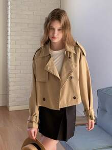 DAZY 少女纯色长袖双排扣休闲风衣