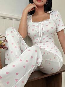 SHEIN Heart Print Contrast Lace Trim Slim Fit Short Sleeve Women Pajama Set - Blue - View 3