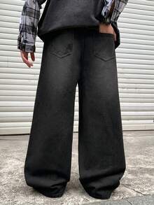 SHEIN Little Byeori Tween Boy Plain Slant Pocket Casual Versatile Wide Leg Jeans - Black - View 2