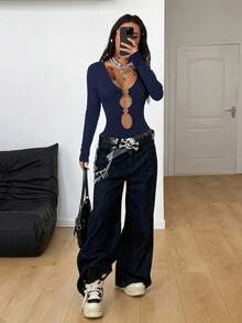 Coolane Women's Spring/Summer Streetwear Rave Outfit Music Festival Y2K Gyaru Cut Out Stretchy Grommet Eyelet Long Sleeve Dark Blue Jumpsuits - Royal Blue - View 6