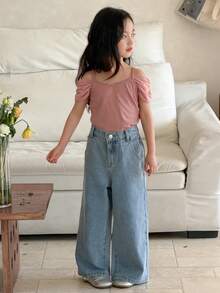 Dazy Kids Quần jeans ống rộng cạp cao, kiểu dáng thường ngày cho nữ, đã qua xử lý. - Rửa nhẹ - Xem 4