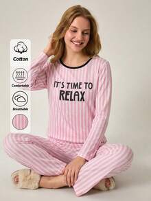Loomlin Cotton 2Pcs  Striped&Slogan Printed Long Sleeve Shirt And Striped Long Bottom Lounge Set - Pink - View 1