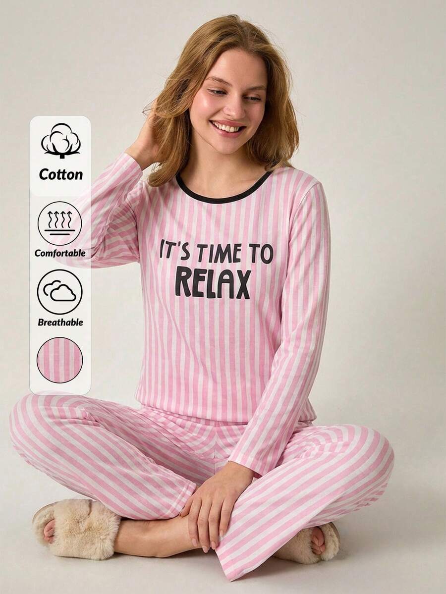Loomlin Cotton 2Pcs  Striped&Slogan Printed Long Sleeve Shirt And Striped Long Bottom Lounge Set - Pink - View 1