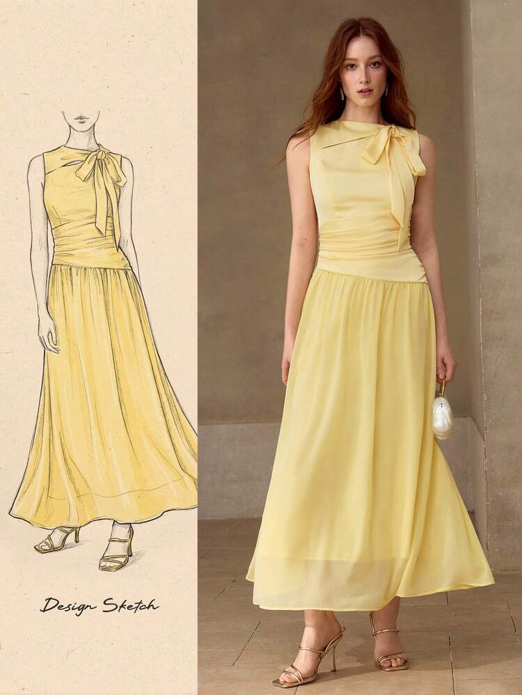 ELEGANT ASYMMETRIC BOW TIE FLOWY ROMANTIC MID-LENGTH DRESS