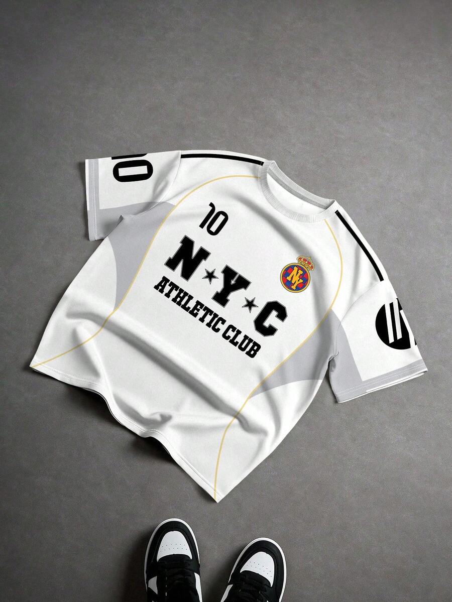 Aesthetic Post Street Style, NYC Letter & Number 10 Print, Men's Football Club Element Round Neck T-Shirt - White - View 1