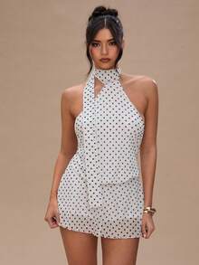 SHEIN Tall CURVE Vestido de verano con estampado de lunares y escote halter sin espalda para tallas grandes - Blanco y Negro - Ver 4