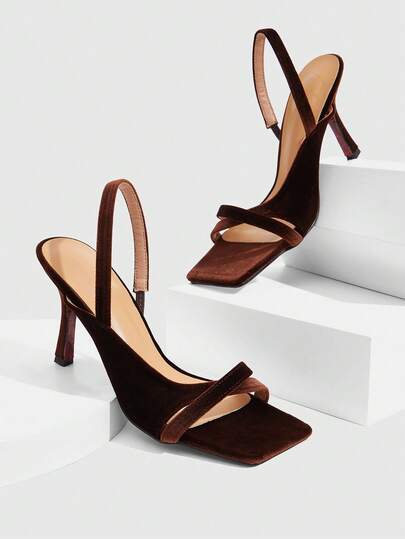 CUCCOO SZL 女士棕色丝绒方头弹力带露趾露跟时尚凉鞋，性感适合社交派对