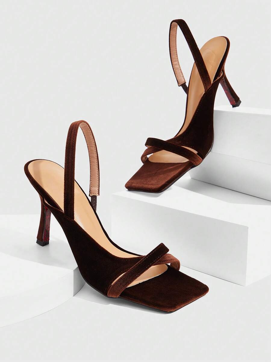 CUCCOO SZL Women's Brown Velvet Square Toe Elastic Strap Open Toe Open Heel Fashion Sandals, Sexy For Social Party Valentine's Day - Brown - View 1