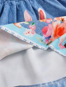 SHEIN 1件女婴翻领纽扣无袖牛仔印花卡通动物图案可爱时尚百搭复古浅蓝色休闲连衣裙，带假口袋，夏季新品 - 藍色 - 查看 7