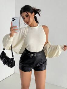 Aidyla Women's Autumn Knitted Apricot Textured Vest & Bolero Shrug Top, Casual Korean Style Top For Date Casual Apricot Women's Rib-Knit Long Sleeve Top With Round Neck And Regular Hem Women's Casual Apricot Rib-Knit Round Neck Regular Length Top With Regular Wrist-Leng - Apricot - View 4
