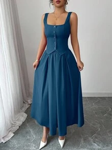 Rafferiza 女士时尚无袖方领单排扣褶裥下摆背心和半裙两件套，百搭日常装 - 藍色 - 查看 5