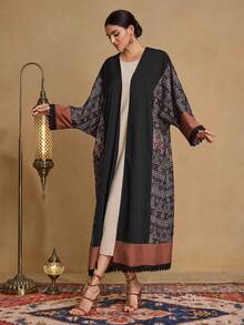 Al Najma 女士拼接印花蕾丝边宽松长款开衫睡袍 - 黑色 - 查看 5