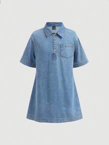 SHEIN 少女时尚返校街头风混搭百搭设计Y2K复古酷炫街头蓝色牛仔短袖衬衫式宽松连衣裙，适合少女日常穿着，也适合春夏派对、节日和街头服饰。 - 藍色 - 查看 5