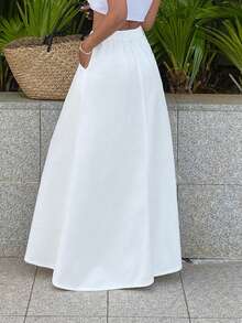 DAZY 女士常规腰围褶裥长裙，休闲度假风牛仔A字裙 - 白色 - 查看 5