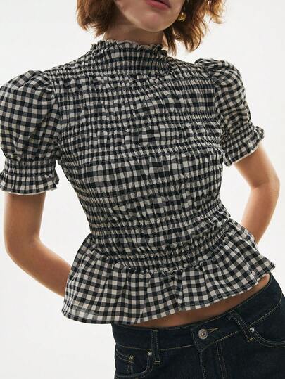 Poéselle 女士休闲格子荷叶边下摆泡泡袖衬衫，夏季