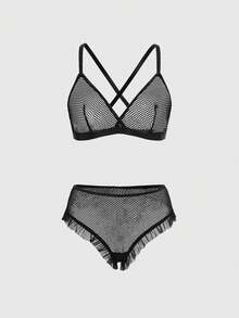 ROMWE Goth 女士哥特式交叉网眼三角杯文胸和内裤性感内衣套装 - 黑色 - 查看 1