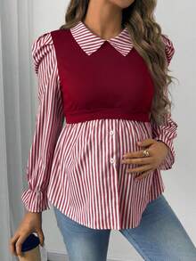 SHEIN Maternity Patchwork Striped Raglan Sleeve 2 In 1 Nursing Top - Burgundy - View 3