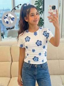 Tween Girl White Knit Pullover Allover Floral T-Shirt, Casual Daily Fashion Versatile With Hair Scrunchie, Cute - White - View 1