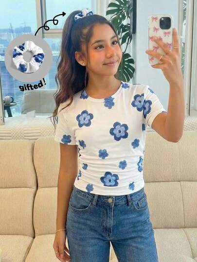 Tween Girl White Knit Pullover Allover Floral T-Shirt, Casual Daily Fashion Versatile With Hair Scrunchie, Cute