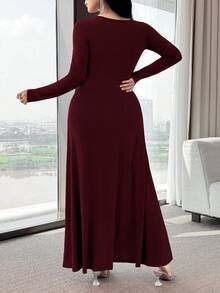 Modelyn 女士纯色船领长袖优雅中长连衣裙 - 酒紅色 - 查看 2