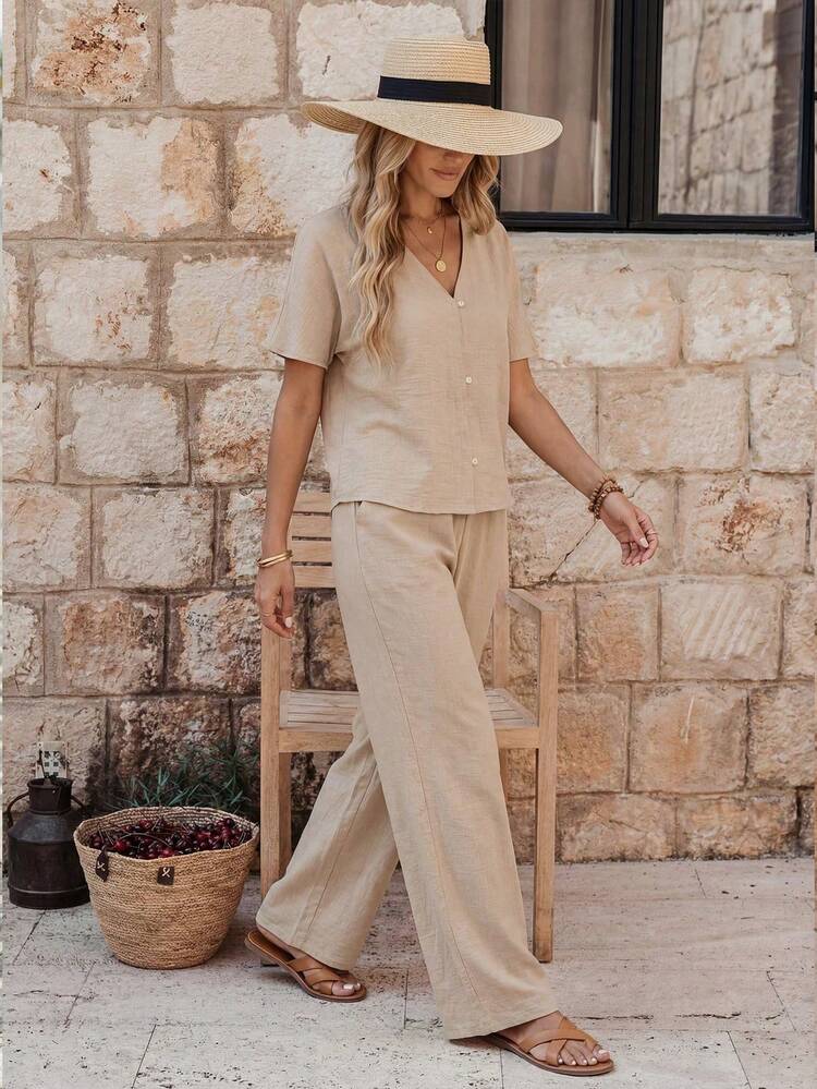 Women's Summer Casual Solid Color V-Neck Batwing Sleeve Button Front Top And Loose Wide Leg Pants 2 Pieces Set Co Ord Set Summer Two Pieces Pant Set Women Summer Two Pieces Set Lounge Sets For Women Sets 2 Pieces Women Matching Sets Women Set 2 Pieces Set - Apricot - View 5