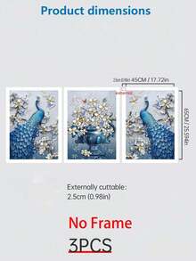 3D立体插图，包含3幅蓝色孔雀和花瓶图案，展现植物和花卉的三维效果，艺术帆布画，适用于客厅和卧室，可重复使用，可拆卸墙面装饰，无框画。 - 彩色 - 查看 2