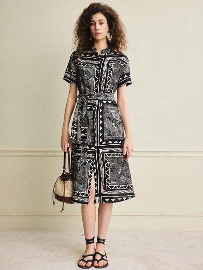 Écloséra 2026 New French Retro Style Commuter Short-Sleeve Mid-Length Dress, Black Apricot Floral Pattern, Elegant Summer Dress, Shirt Dress, Women's Summer Dress, Elegant Dress, Women's Casual Dress, Women's Floral Dress Casual Short Sleeve Dress Short Sleeve Dress For Women Womens Casual Dress Print Dresses For Women Motif Women Dresses