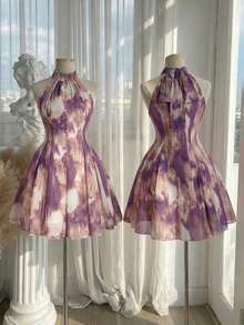 SHEIN MOD 大码扎染蝴蝶结装饰浪漫夏日连衣裙 夏季生日礼服 女装连衣裙 短款连衣裙 可爱女装 - 淡紫色 - 查看 1