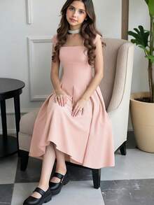 Tween Girl Elegant Sleeveless Wide Strap Waist Pleated Flare Dress, Christmas/New Year Party Dress, Girls Formal Dress - Pink - View 5