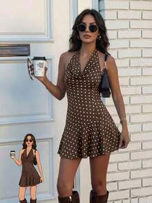 Cévolie Women's Sexy Backless Polka Dot Print Draped Neck Tie Front Beach Vacation Dress - Coffee Brown - View 2