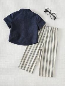 Cozy Pixies 2pcs Baby Boy Solid Color Short Sleeve Cardigan Top And Striped Elastic Waist Pants Set - Multicolor - View 6
