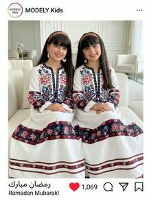 1件少女传统阿拉伯花卉印花长袖V领长款连衣裙，节日阿巴雅长袍 - 白色 - 查看 1