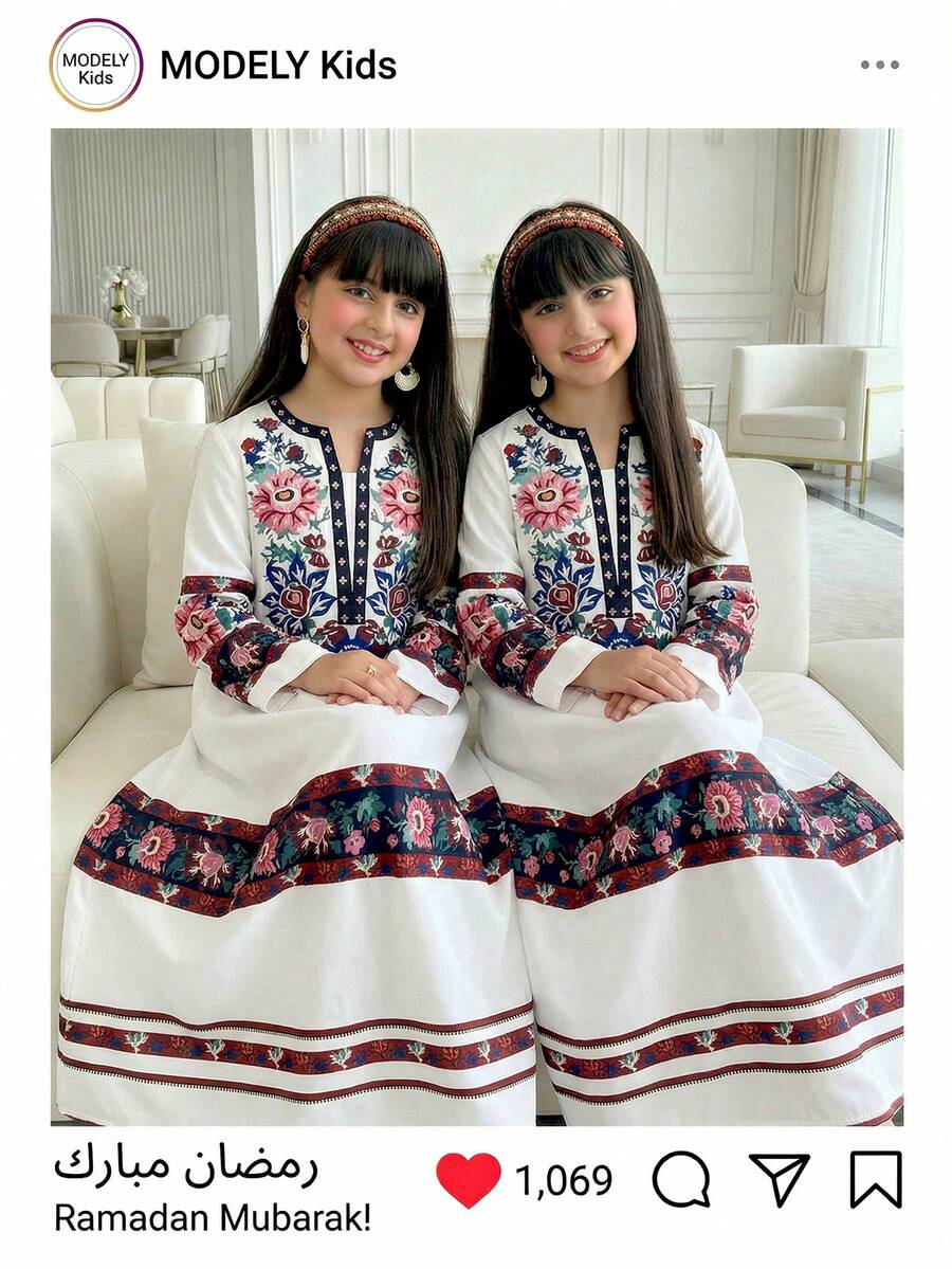 1件少女传统阿拉伯花卉印花长袖V领长款连衣裙，节日阿巴雅长袍 - 白色 - 查看 1