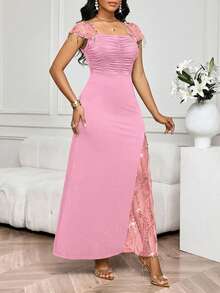 SHEIN Lady 派对宴会撞色亮片网纱蕾丝边修身连衣裙 生日/活动礼服/办公礼服/教堂礼服/婚纱/节日礼服/优雅礼服/派对礼服/婚礼宾客礼服 女款 - 藕粉色 - 查看 6