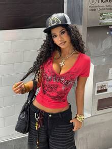 StreetHx Women's 2000s Style Casual Streetwear Graphic Tee, Punk Graphic Design Fitted T-Shirt - Hot Pink - View 4