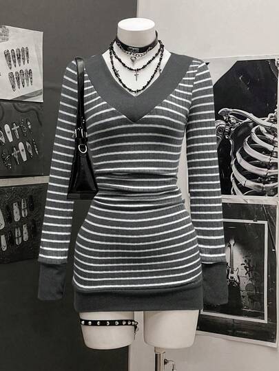 StreetHx 女士休闲条纹修身迷你连衣裙