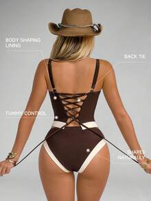 Shapewave Women's Brown & Beige Patchwork Tankini Set With Binding Waist - Multicolor - View 2