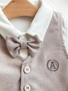 3pcs Newborn Baby Boy Preppy Style Cute Casual Vest Jacket, Pants And Bow Tie Romper Set
