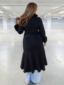 MelDlgn Plus Size Solid Color Mermaid Overcoat, Autumn/Winter - Black - View 3