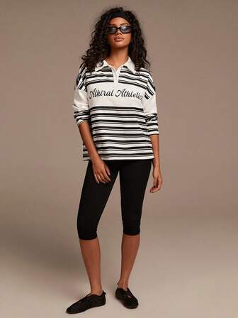 Athîral Women's Striped Patchwork Polo Collar Button Half Placket Letter Graphic Casual Everyday Long Sleeve Sweatshirt