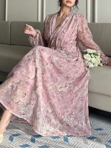 Dazy Plus 大码碎花雪纺灯笼袖收腰长款连衣裙，优雅度假风，春夏吊带裙 - 紫色 - 查看 1