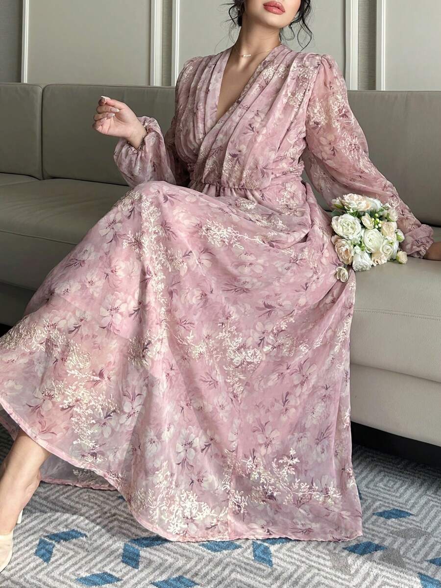 Dazy Plus 大码碎花雪纺灯笼袖收腰长款连衣裙，优雅度假风，春夏吊带裙 - 紫色 - 查看 1