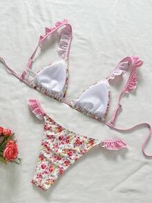 Swim Mod Conjunto de bikini de dos piezas con estampado tropical, ropa casual de resort - Multicolor - Ver 3