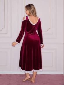 SHEIN Women's Elegant Romantic Contrast Color Lace Ruffle Trim Hollow Out Tie Front Deep V Neck Loose Comfortable Nightgown - Burgundy - View 2